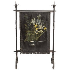 1920s Wrought Iron Leather Firescreen with Painted Mural