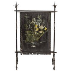 1920s Wrought Iron Leather Firescreen with Painted Mural 12