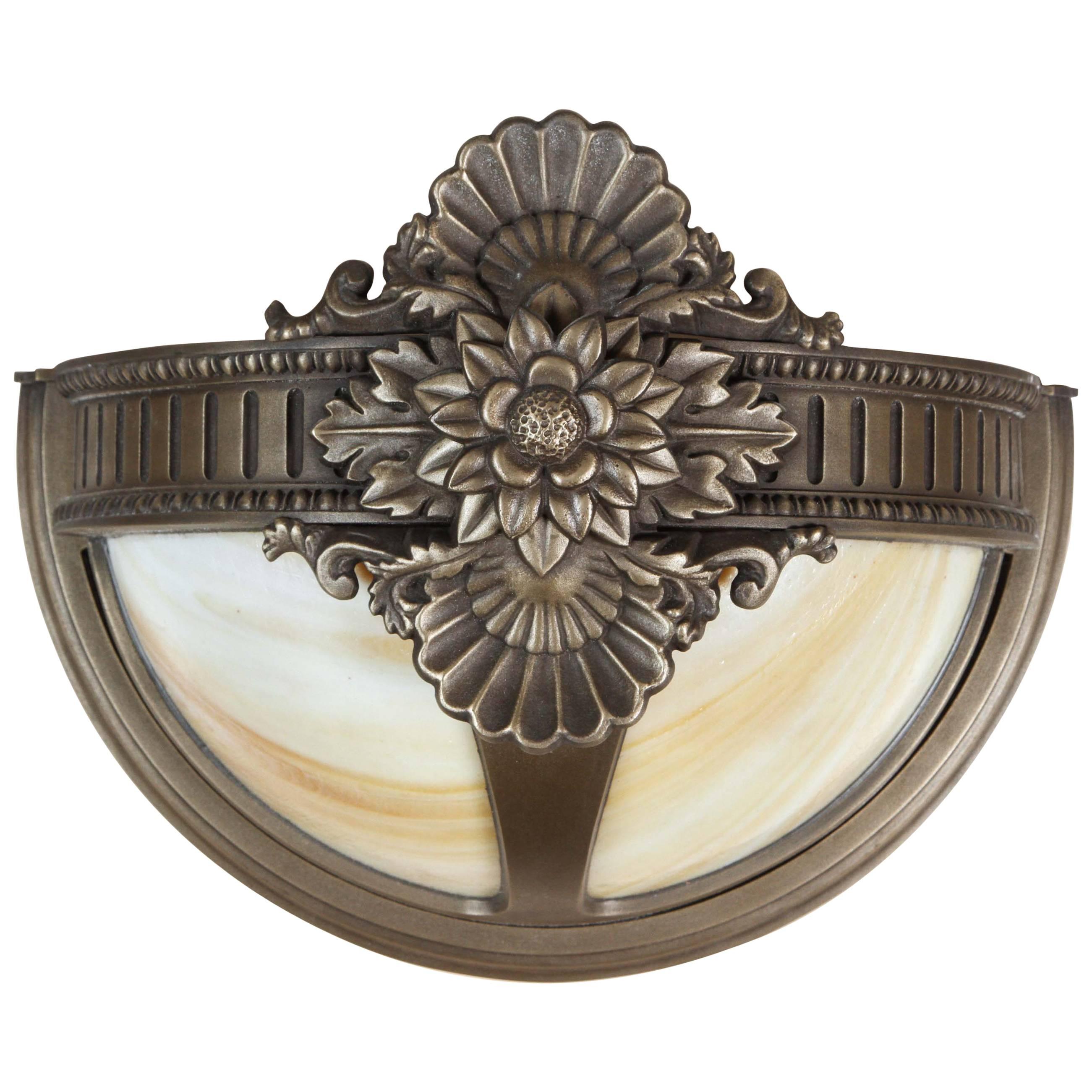 Bronze Wall Sconce with Slag Glass in a Floral Design