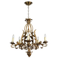 1940s Five-Light Gold Painted Wrought Iron Chandelier with Decorative Leaves