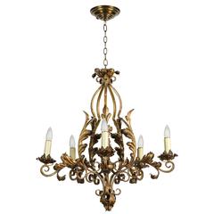 1940s Five-Light Gold Painted Wrought Iron Chandelier with Decorative Leaves 1