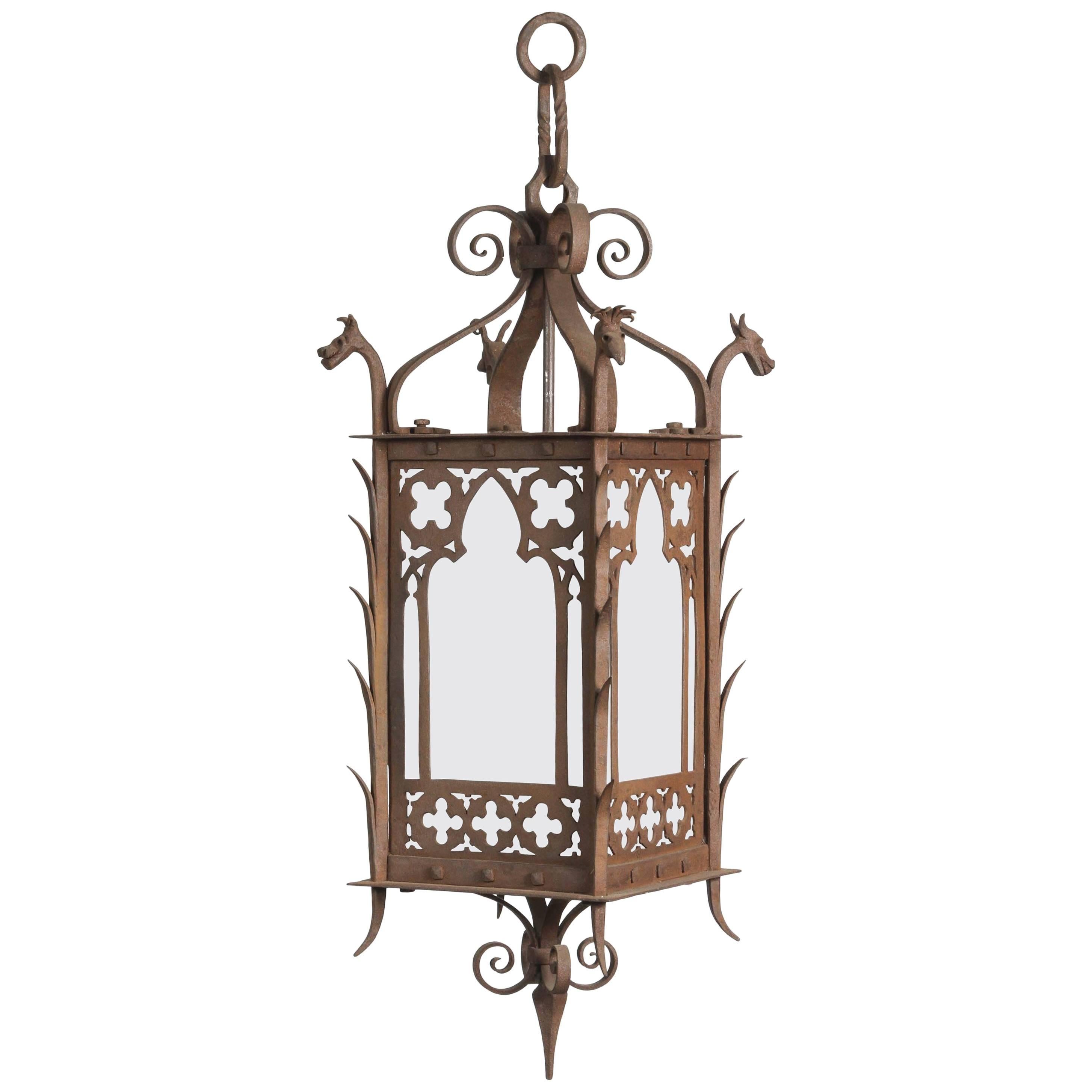 1920s Hand-Wrought Gothic Lantern with Four Dragon Heads with Milk Glass Panels