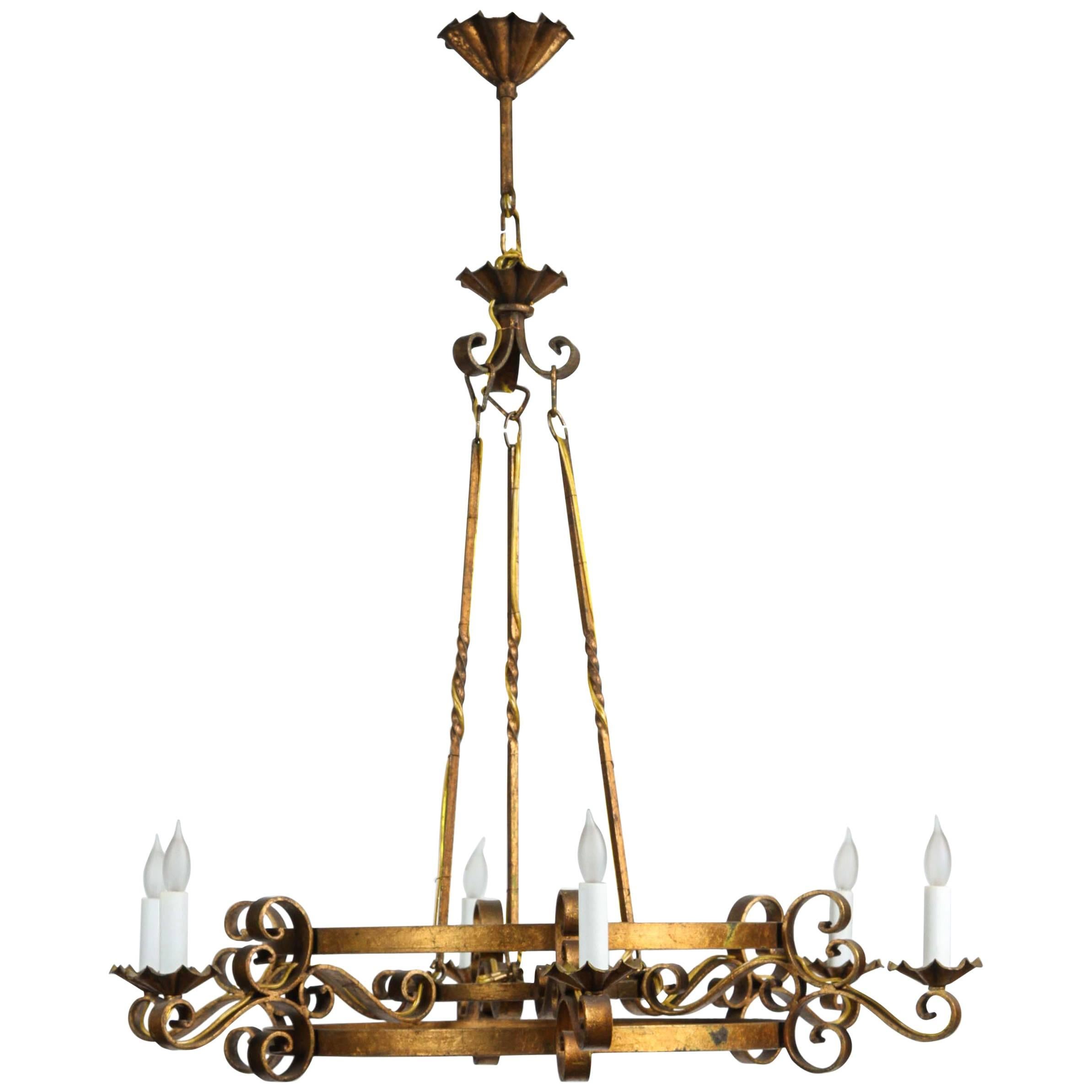 1970s Six-Light French Gold Finish Wrought Iron Chandelier