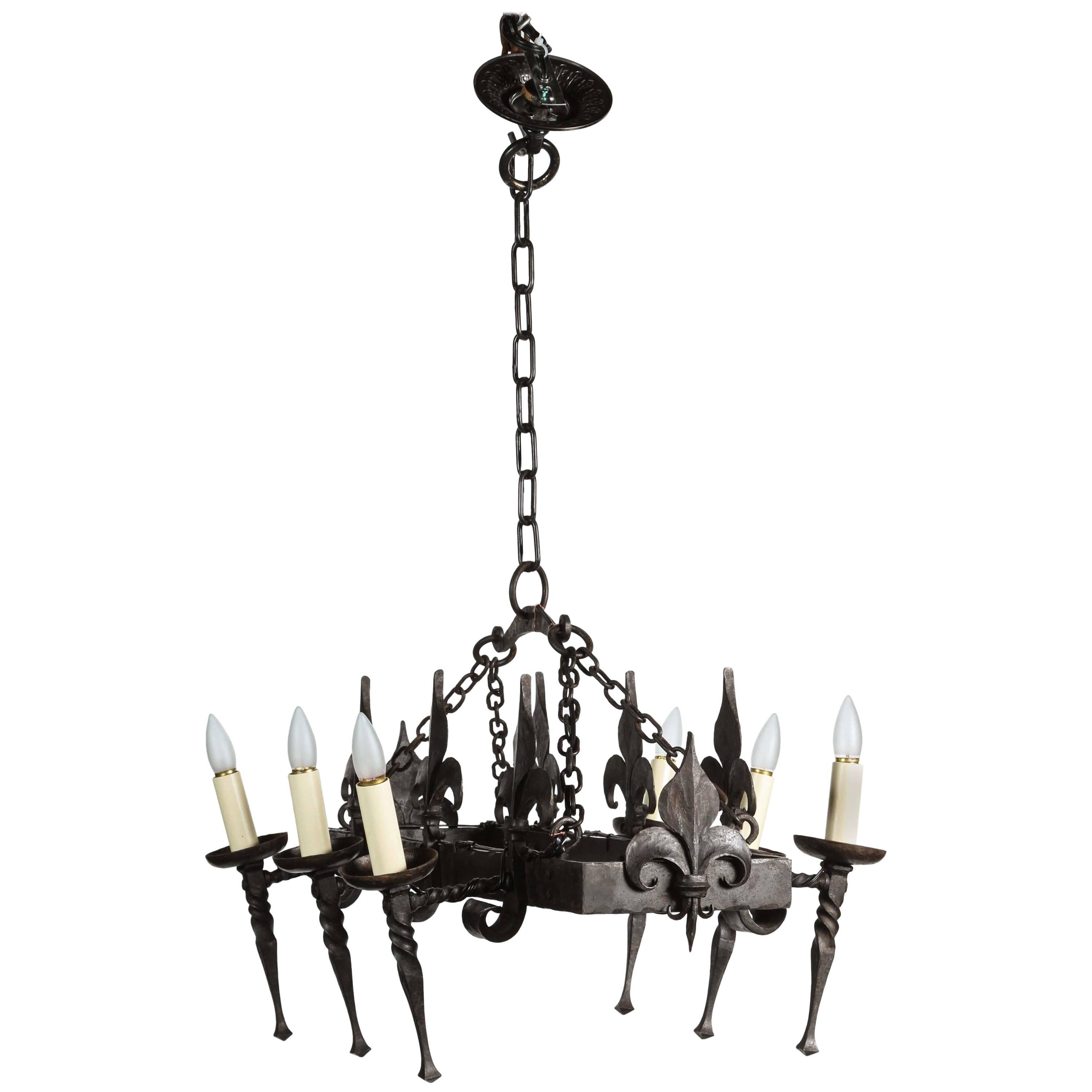 1940s French Wrought Iron Torch Style Chandelier