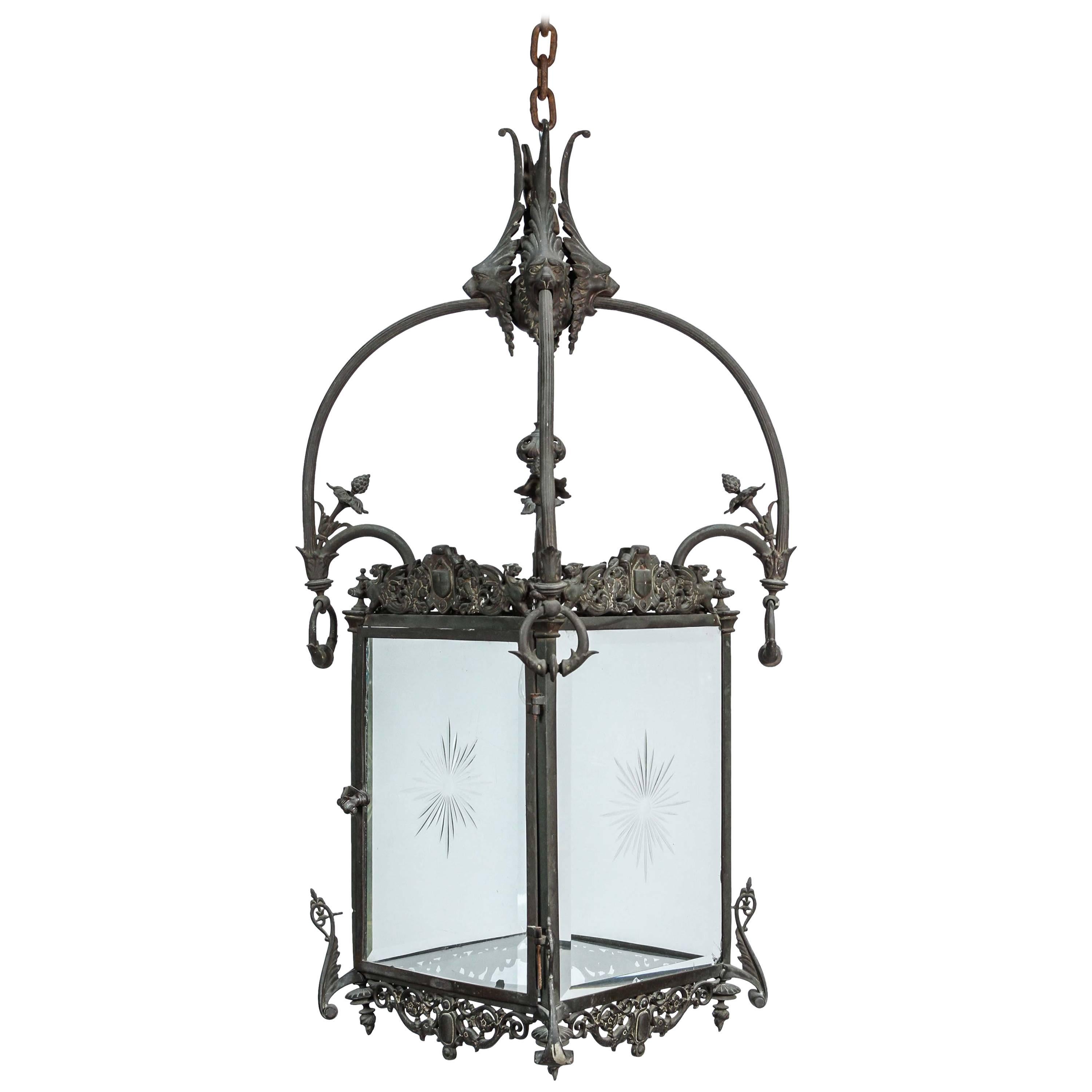 1930s Square Bronze Lantern with Etched Glass