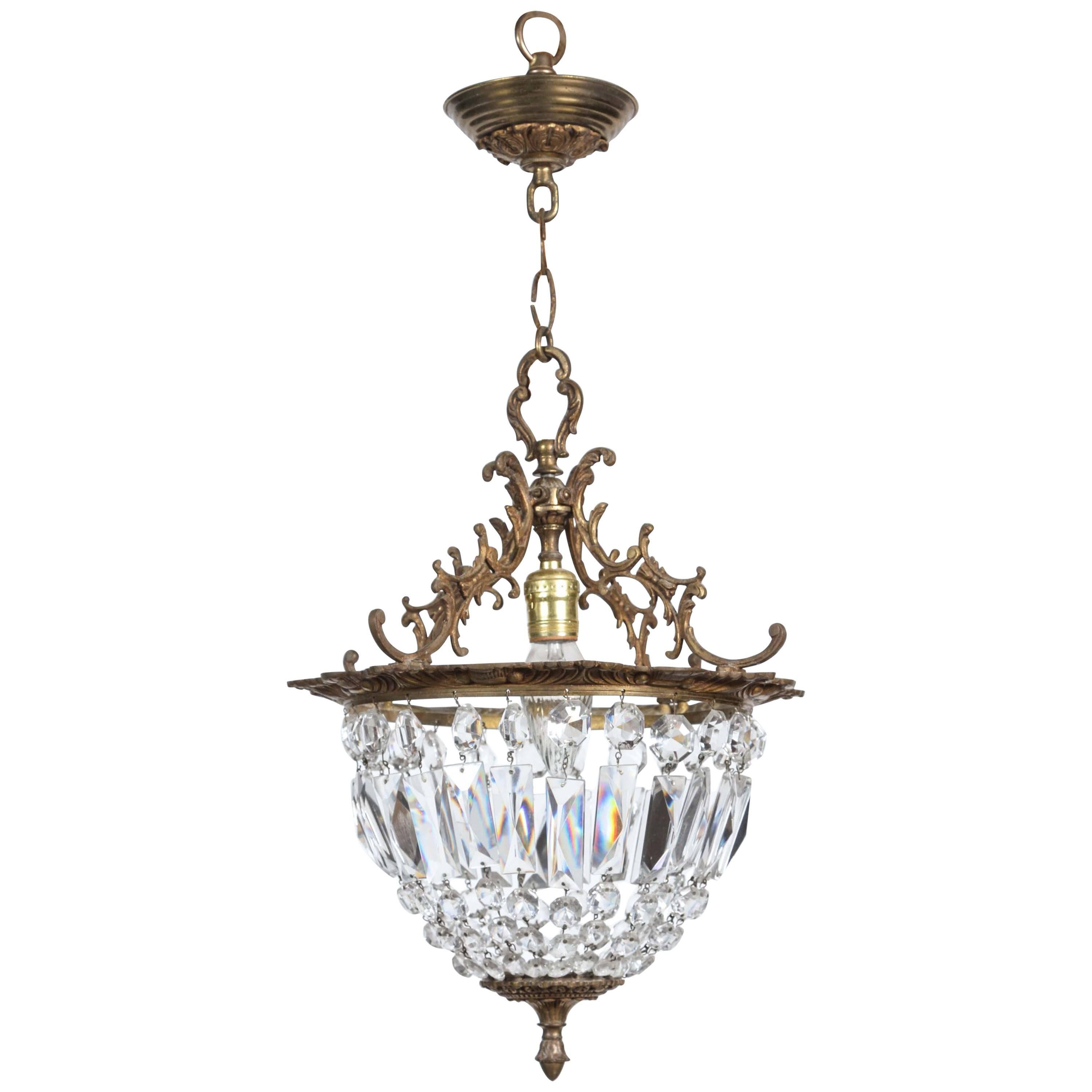 1940s Crystal and Bronze Basket Pendant Light with Bronze Finial at 1stDibs