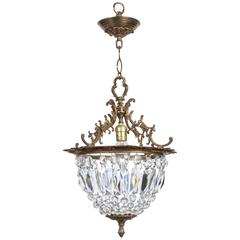 1940s Crystal and Bronze Basket Pendant Light with Bronze Finial
