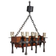 Six-Light Wrought Iron and Oak Chandelier 1
