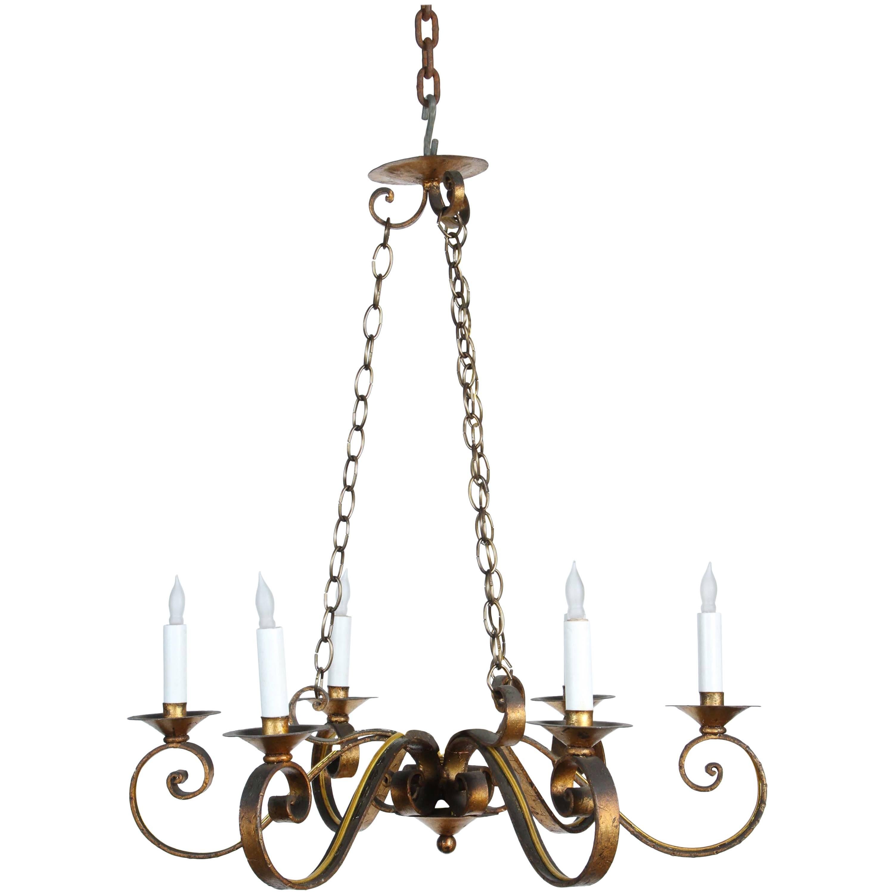 1970s Six-Arm Golden Wrought Iron Chandelier with Canopy and Chain