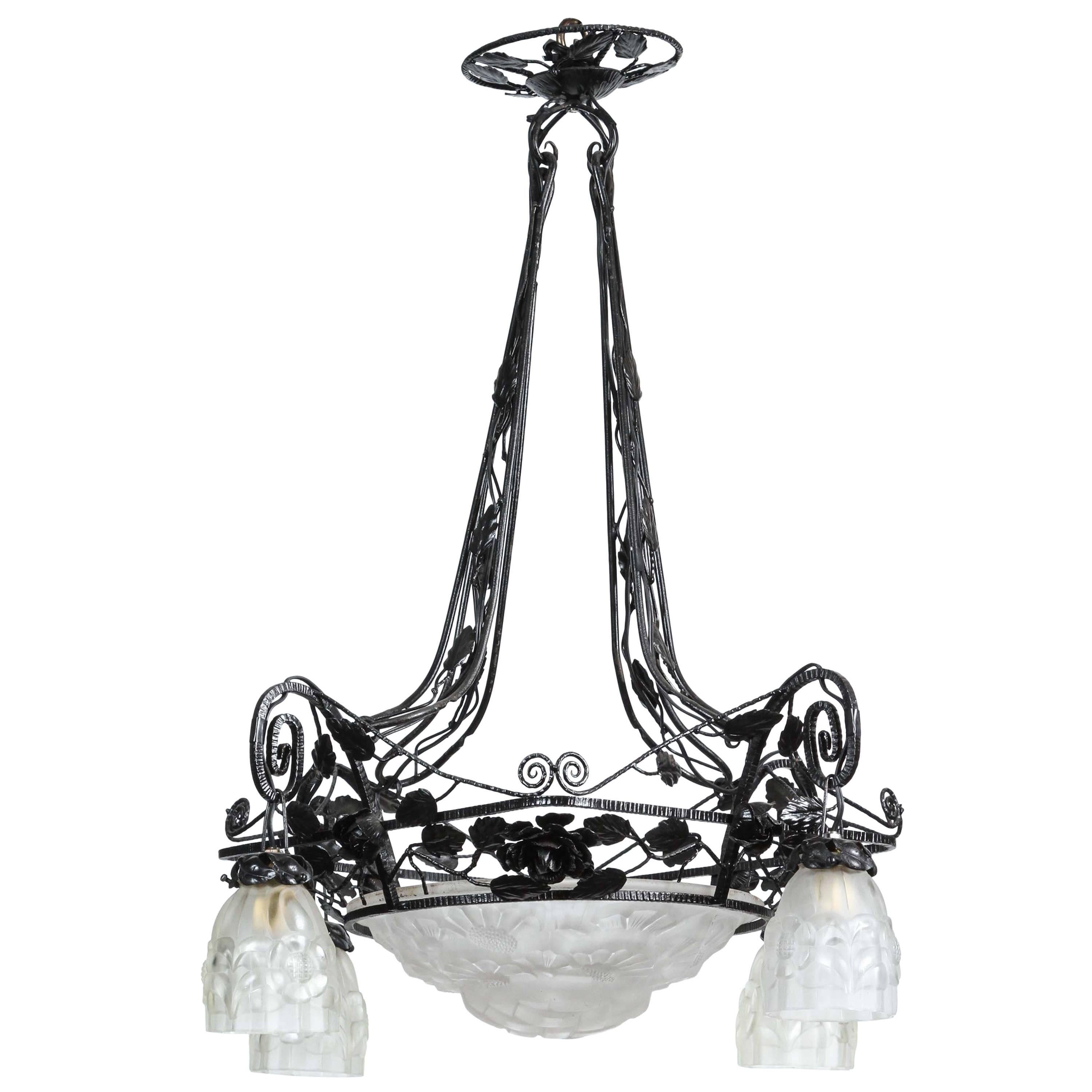 Wrought Iron Frosted Glass 4 Light Floral Chandelier
