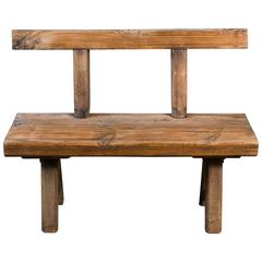 Antique Rustic and Primitive Oak Bench with Back from Belgium circa 1920