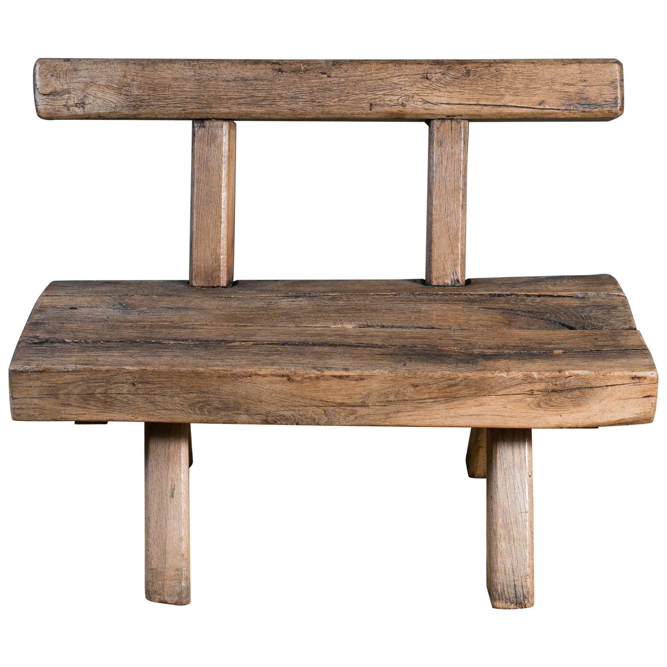 Chunky Rustic Wooden Bench with Back, circa 1920