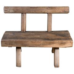 Antique Chunky Rustic Wooden Bench with Back, circa 1920