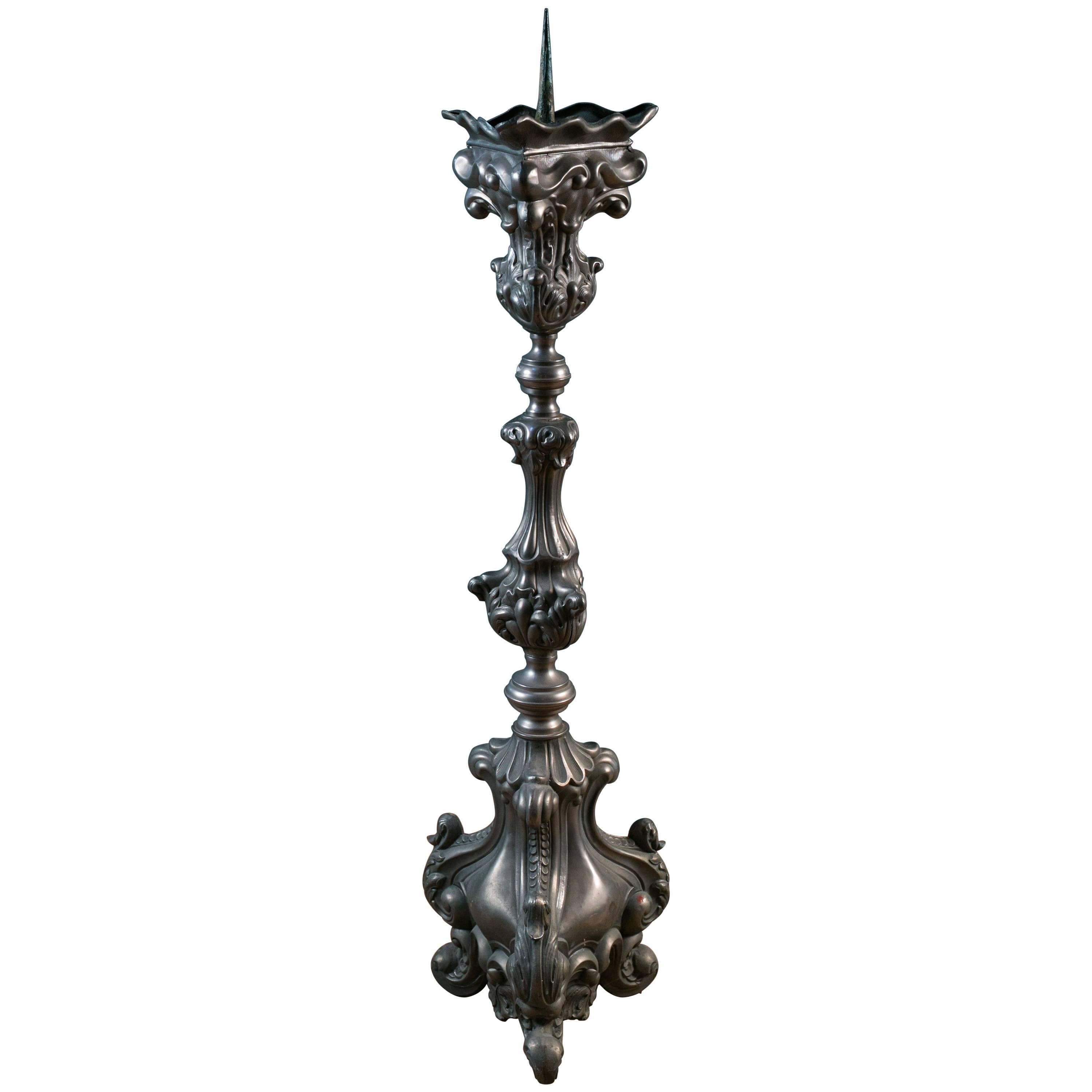 Pewter Colored French Repousse' Floor Candle Holder with Pick, circa 1890