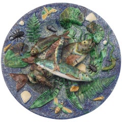 Antique 19th Century Majolica Palissy Fishs Wall Platter by Victor Barbizet