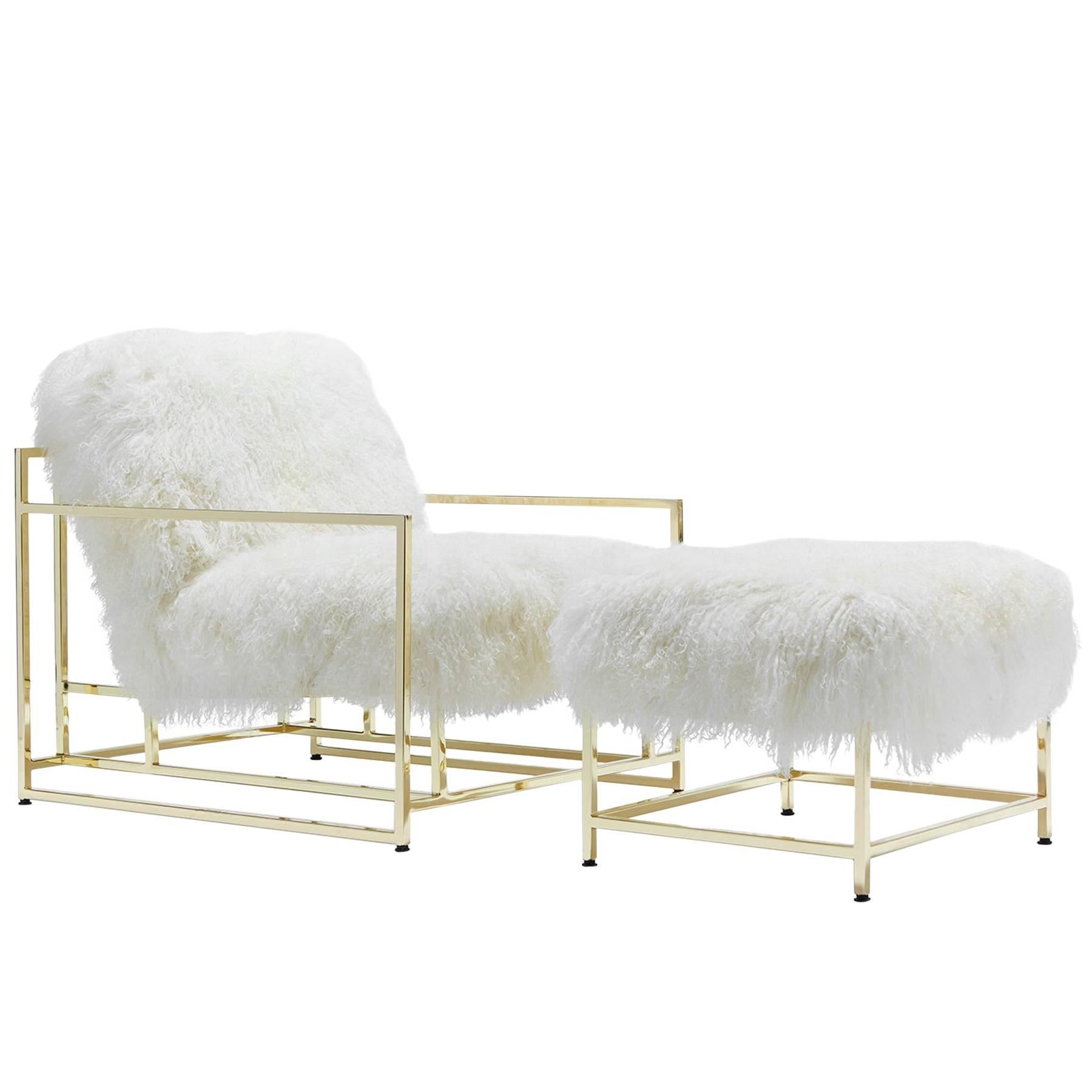 White Mongolian Sheepskin and Polished Brass Armchair and Ottoman