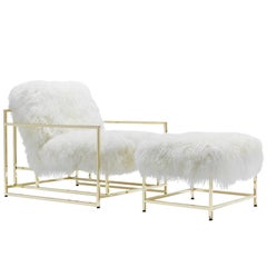 White Mongolian Sheepskin and Polished Brass Armchair and Ottoman