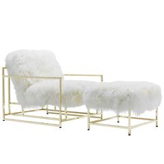 White Mongolian Sheepskin and Polished Brass Armchair and Ottoman 6