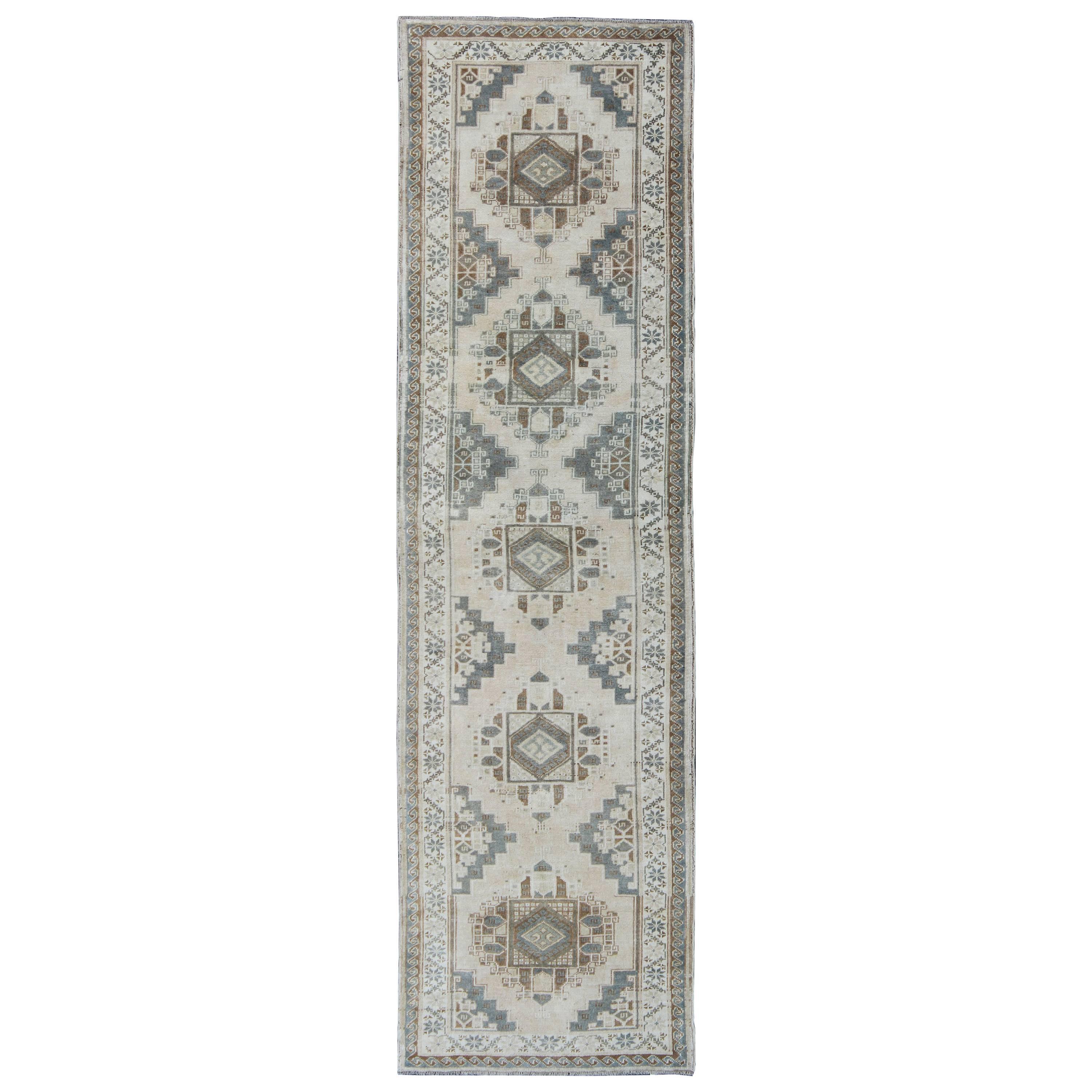 Vintage Oushak Runner with Ornate Taupe and Gray Medallions