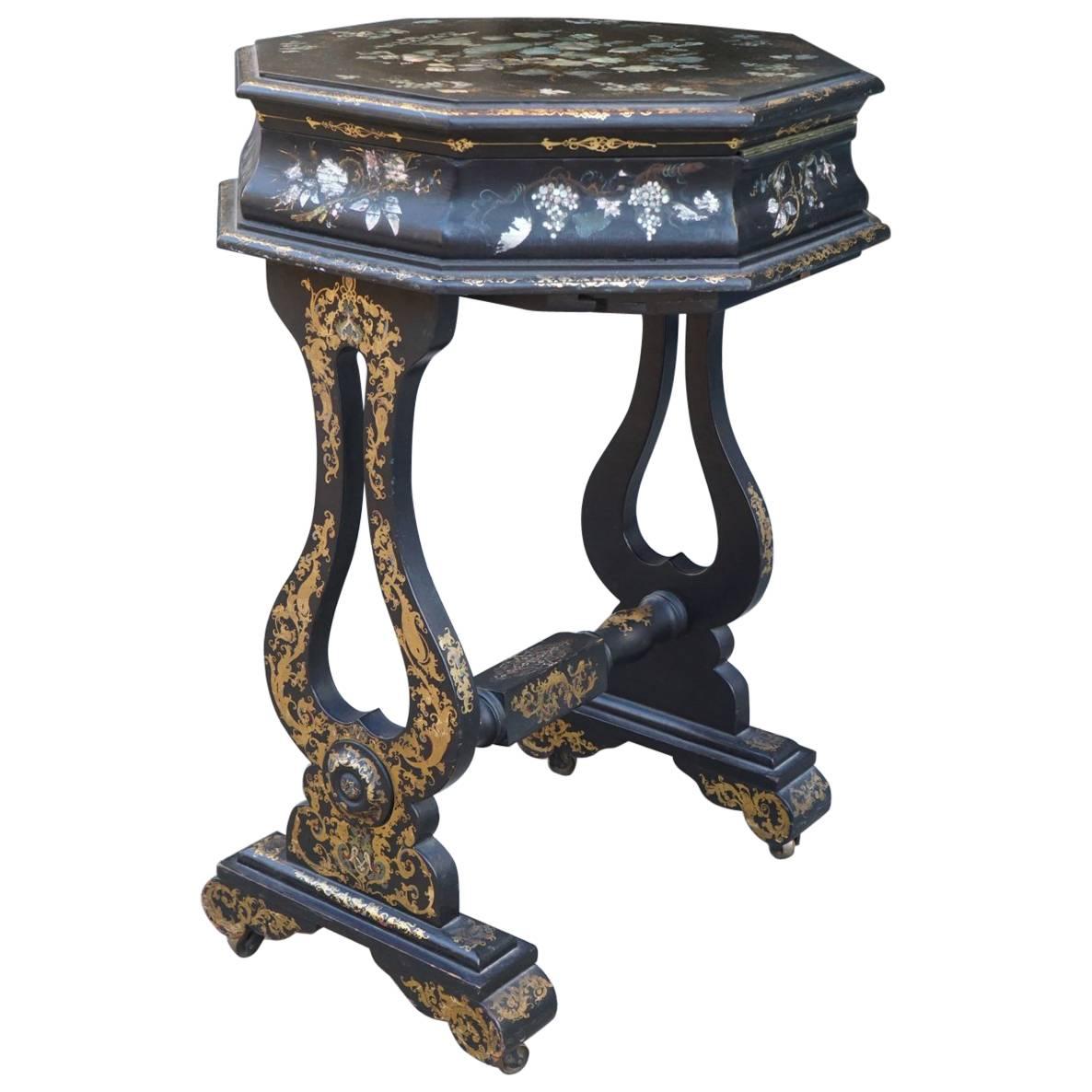 Victorian Papier Mâché and Mother-of-Pearl Inlayed Work Table For Sale