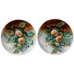 Pair of 19th Century French Painted Ceramic Barbotine Plates with Apple Decor