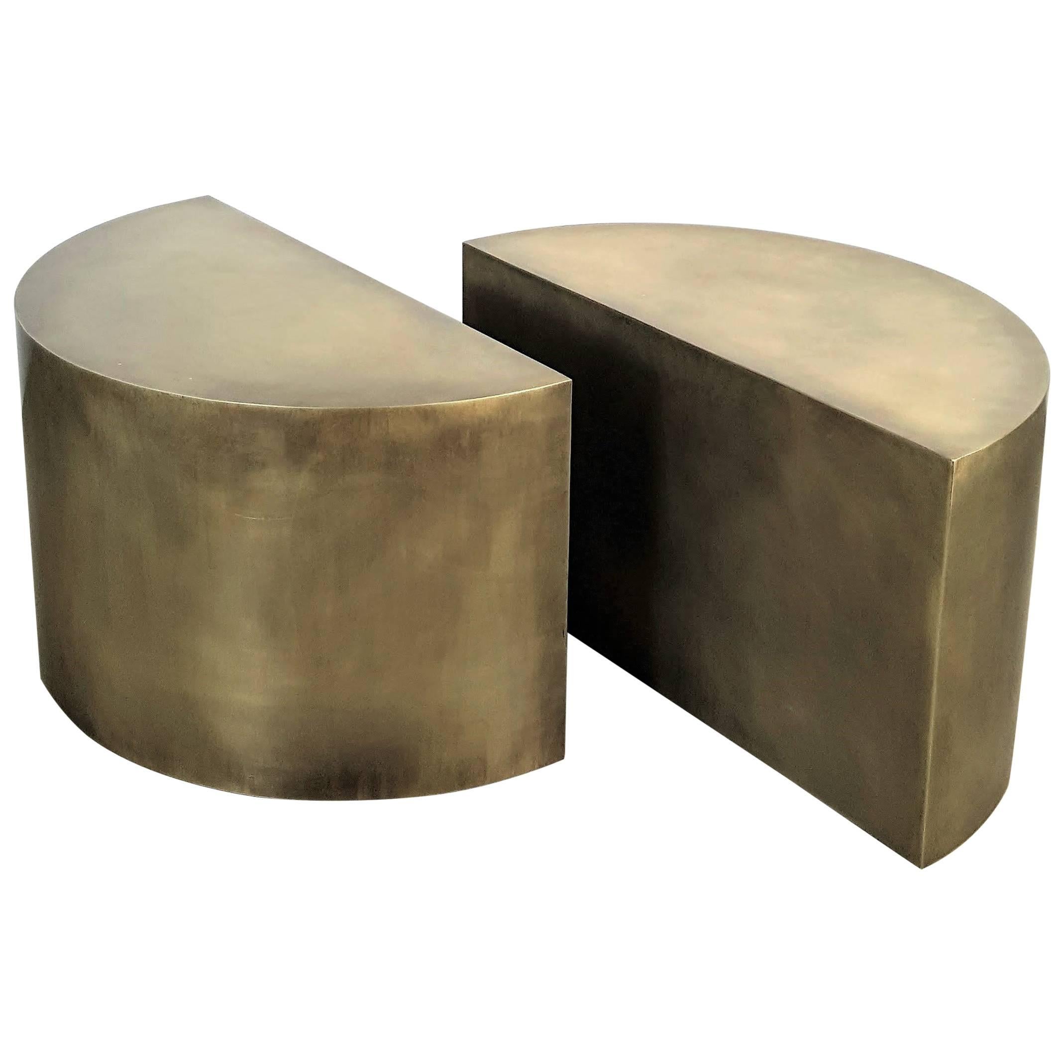 Solid Brass Geometric Demilune Side Tables with Heavy Patina, a pair