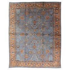 Antique Turkish All Over Oushak Rug in Blue Background by Keivan Woven Arts