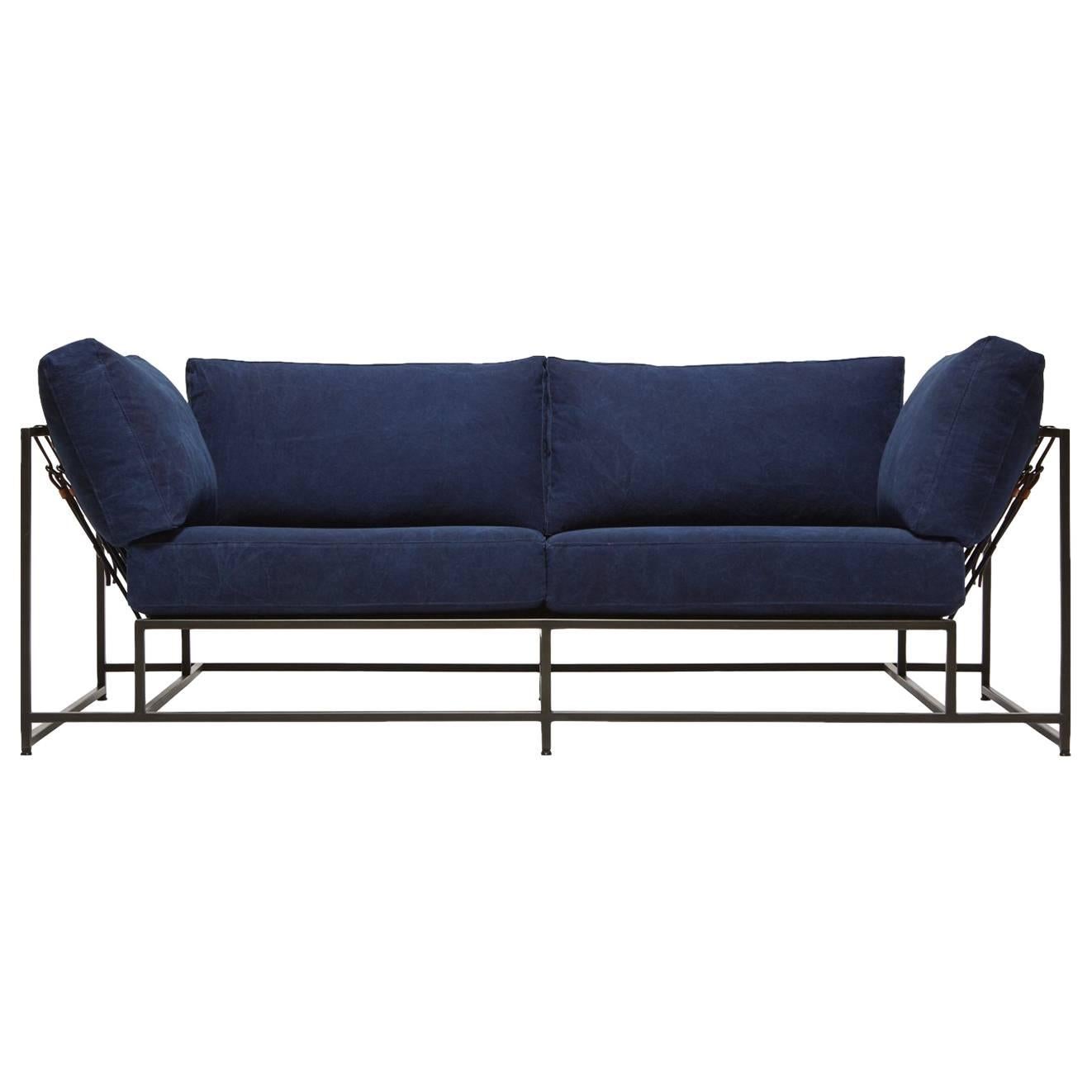 Hand-Dyed Indigo Canvas and Blackened Steel Two-Seat Sofa For Sale