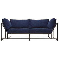 Hand-Dyed Indigo Canvas and Blackened Steel Two-Seat Sofa