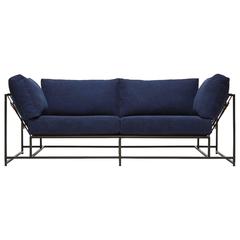 Hand-Dyed Indigo Canvas and Blackened Steel Two-Seat Sofa 4