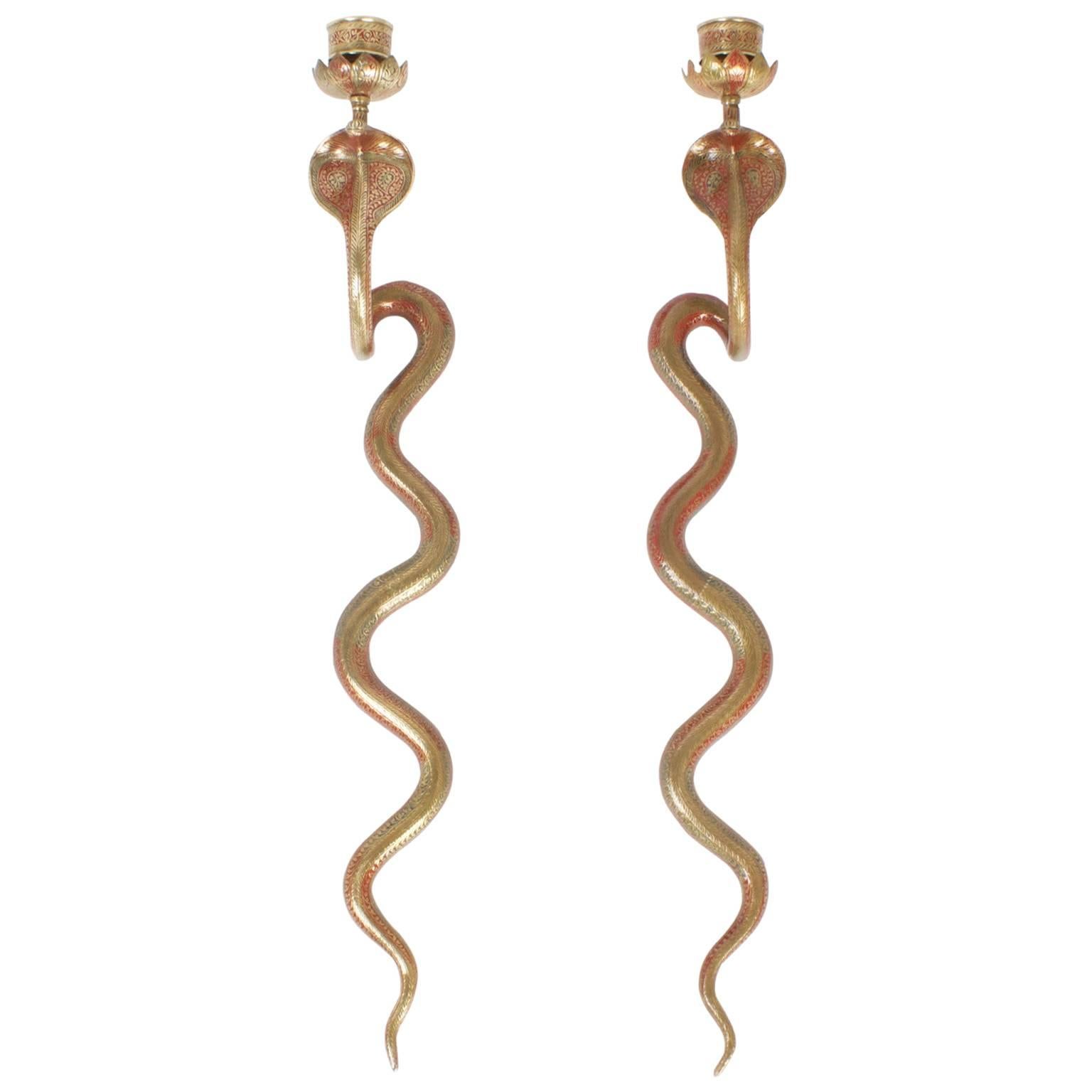 Pair of Mid-Century Brass Cobra Snake Sconces