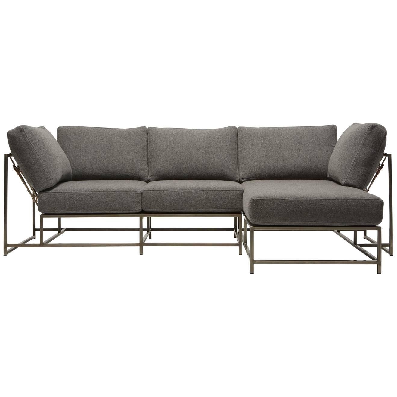 Chaise Sectional piccolo in lana grigia e nichel antico