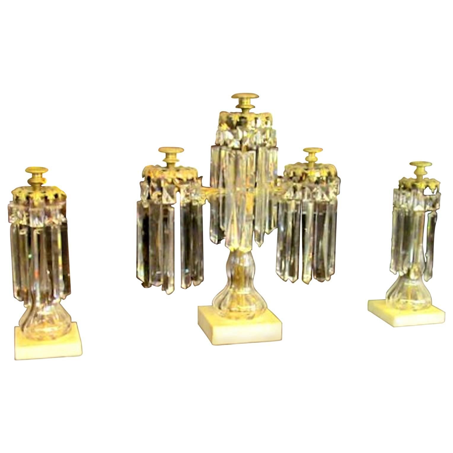 Suite of Three Antique French Brass and Panel Cut Crystal Garniture Set For Sale