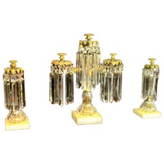 Suite of Three Antique French Brass and Panel Cut Crystal Garniture Set