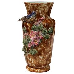 Early 20th Century French Hand-Painted Barbotine Vase with Bird and Flowers
