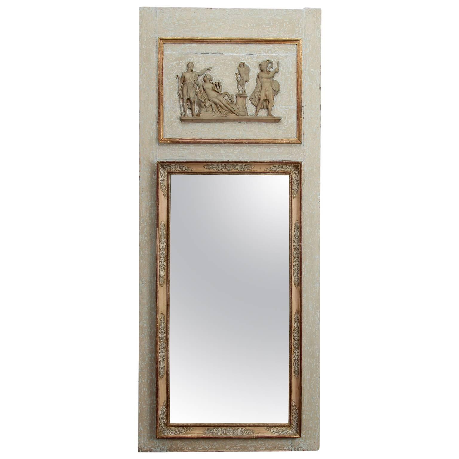 Trumeau Mirror with Antique White and Gilded Finish, circa 1920s For Sale