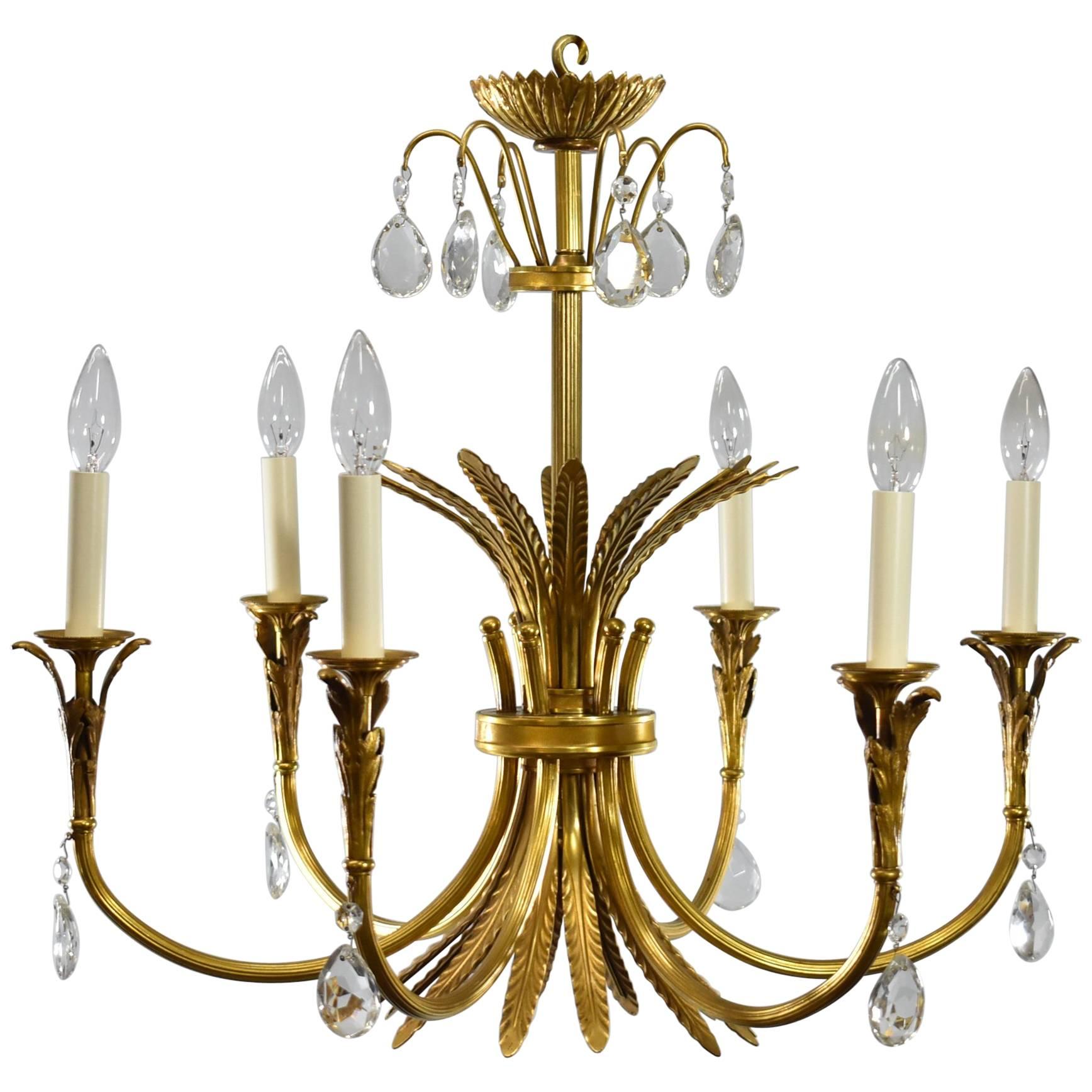 Italian Neoclassic Style Six-Arm Brass and Crystal Chandelier