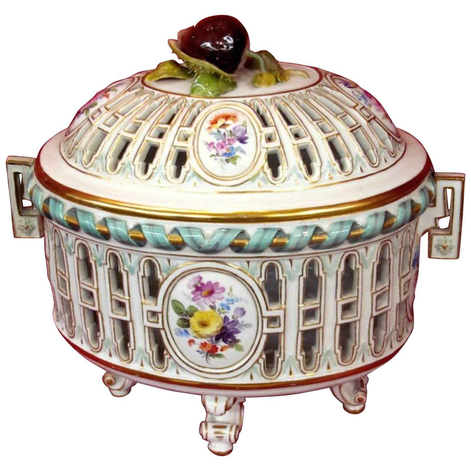 Antique Dresden or Meissen Hand-Painted Porcelain Chestnut Basket or Tureen