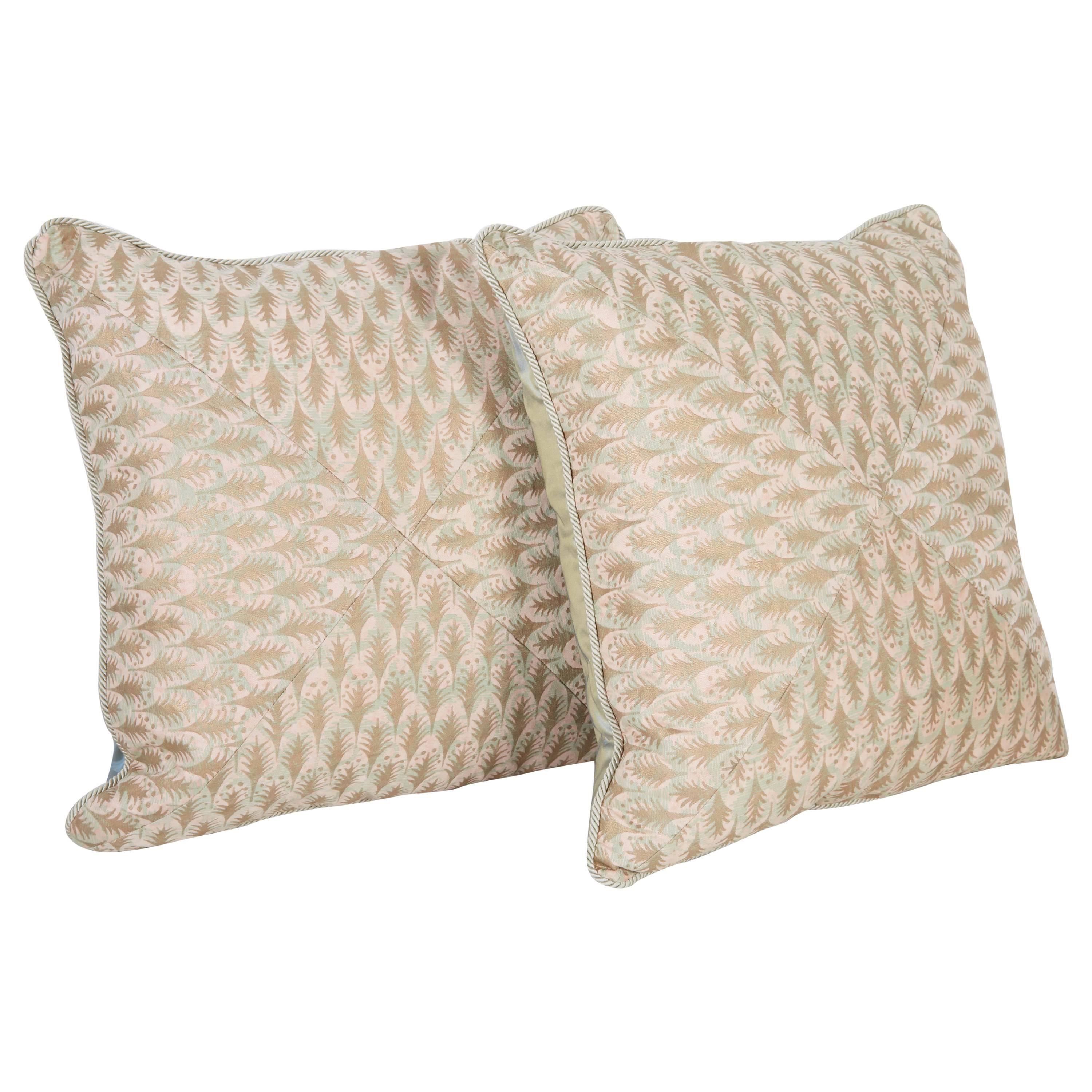A Pair of Mitered Fortuny Fabric Cushions in the Puimette Pattern