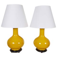 Pair of Chinese Yellow Glazed Vases Fitted as Lamps