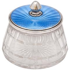 Art Deco Sterling Silver and Blue Guilloche Enamel Mounted Crystal Powder Jar
