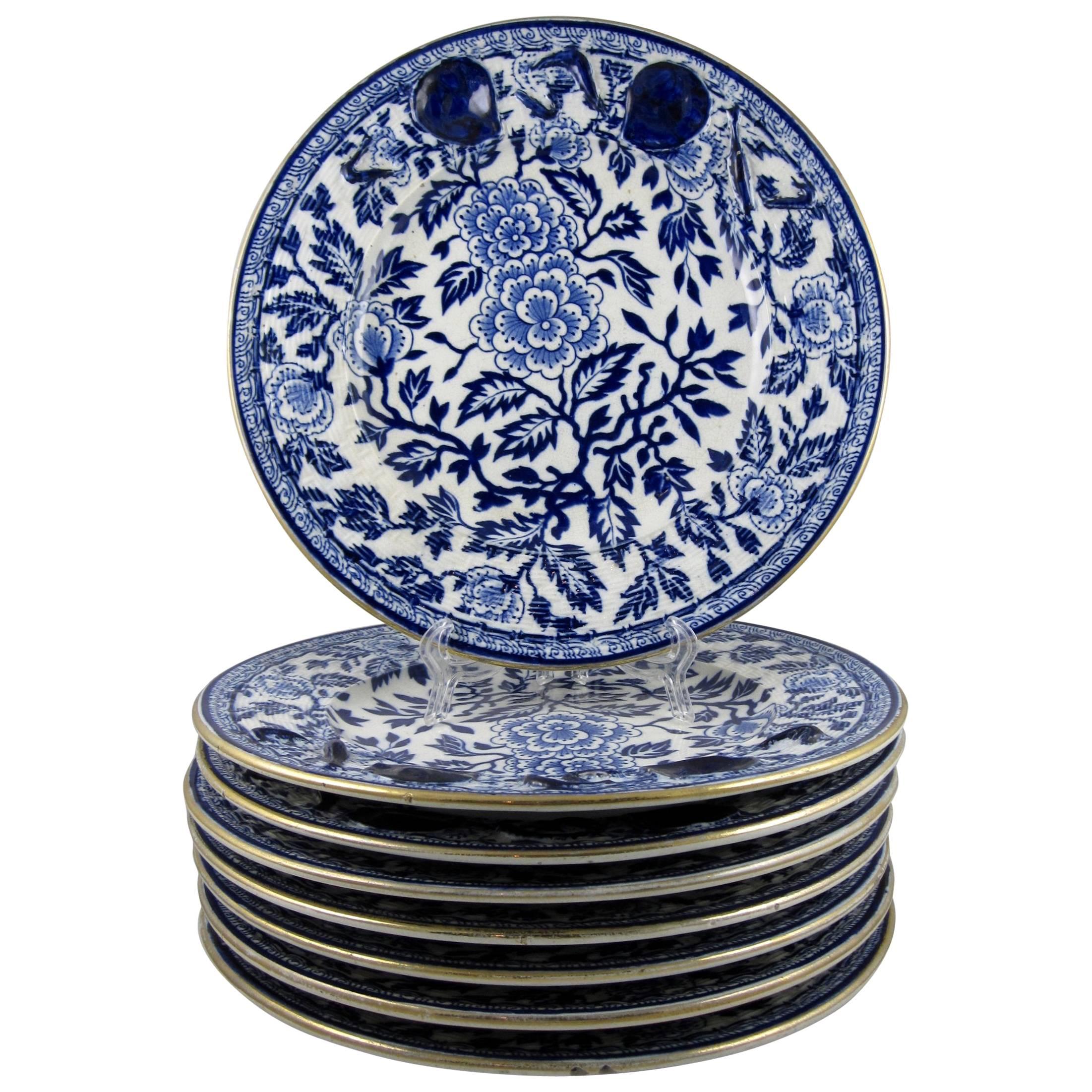 English Staffordshire Chinoiserie Blue Transferware Seafood Plates, set of eight