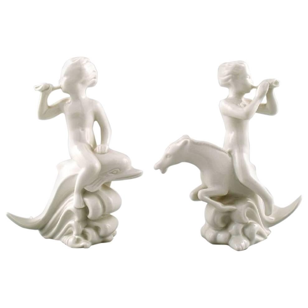 Two Harald Salomon for Rörstrand, Blanc De Chine or White Glazed Faun Figurines