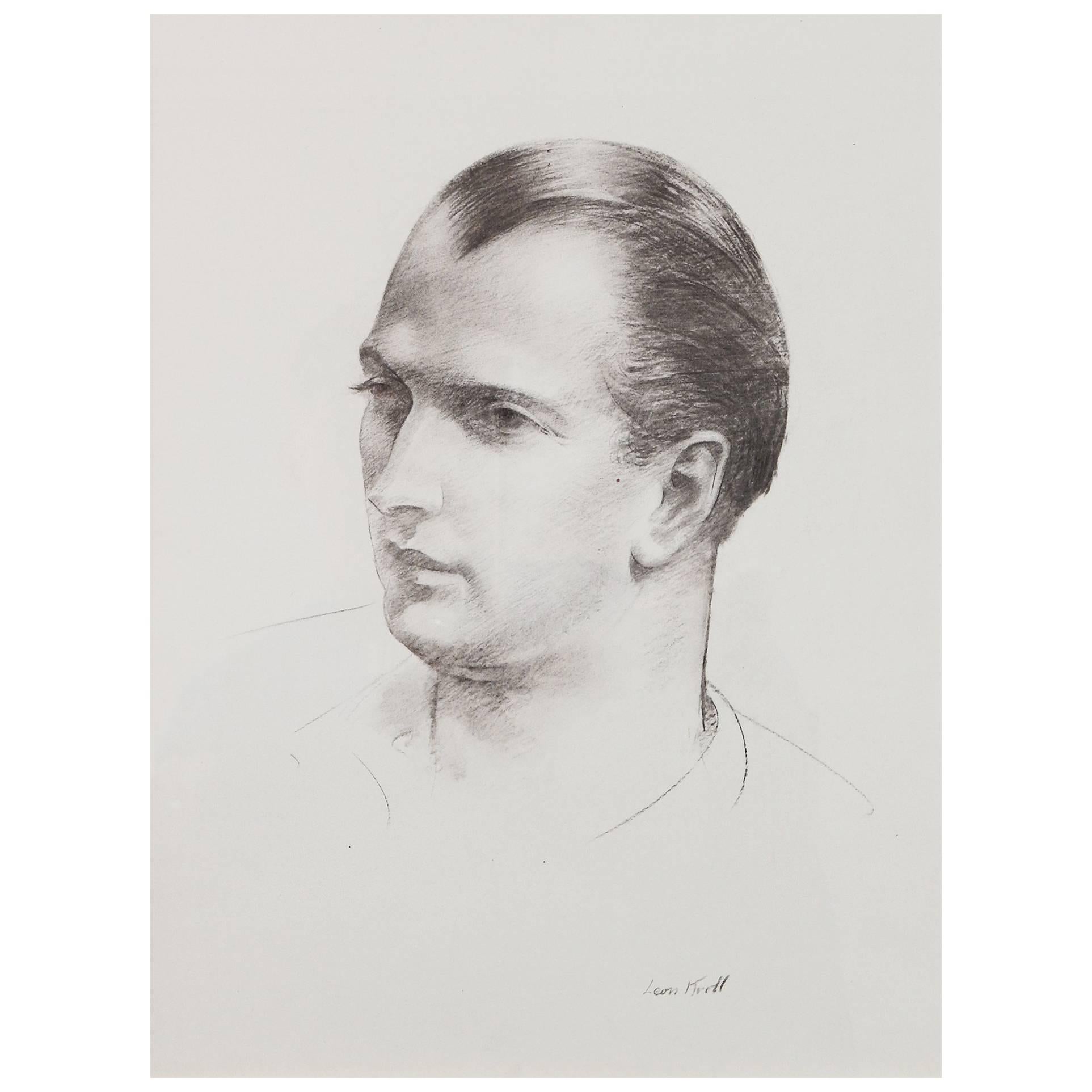 "Man's Portrait, Three Quarters View, " Powerful Drawing by Leon Kroll