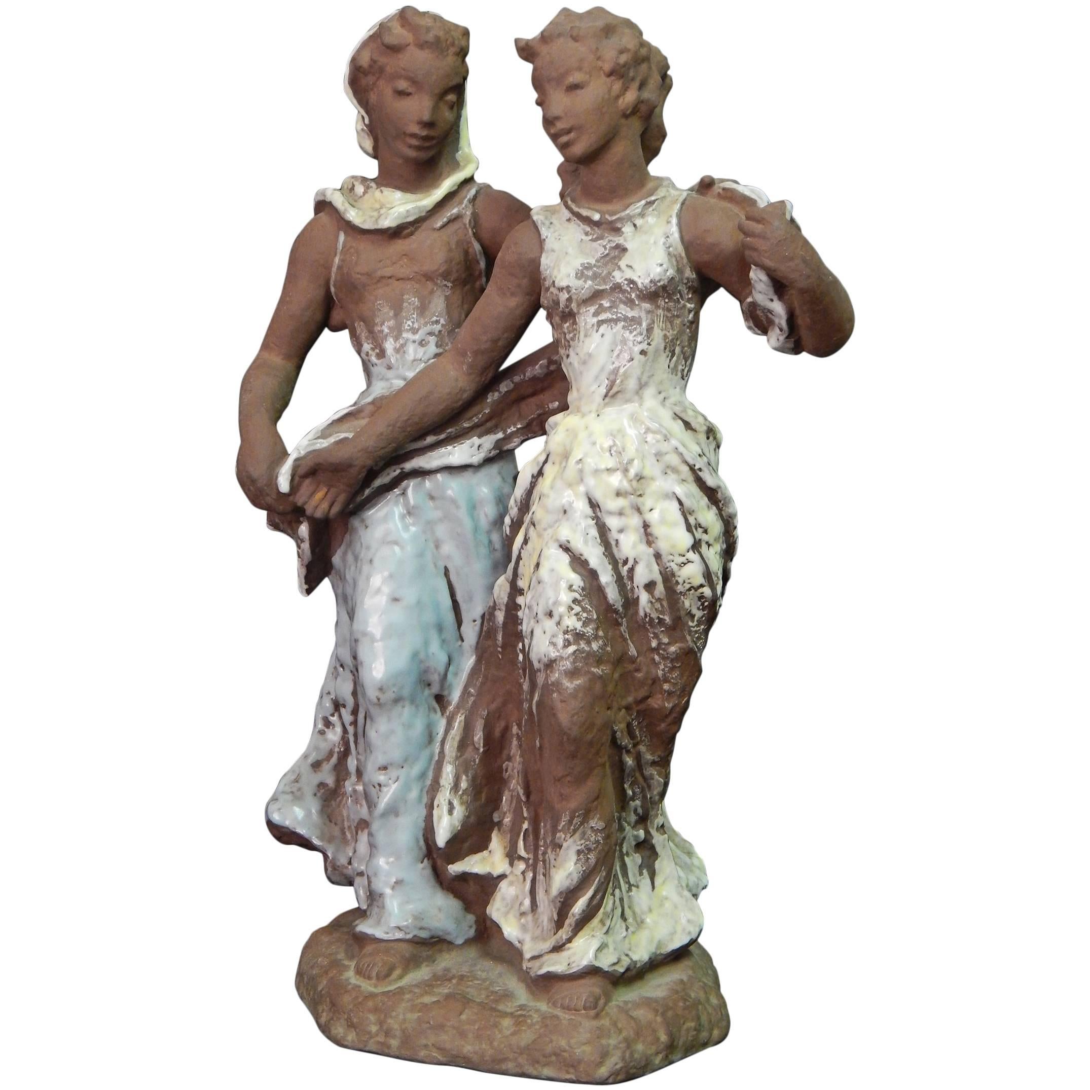 "Two Women, " Large, Lovely Mid-Century Sculpture by Lore Friedrich-Gronau