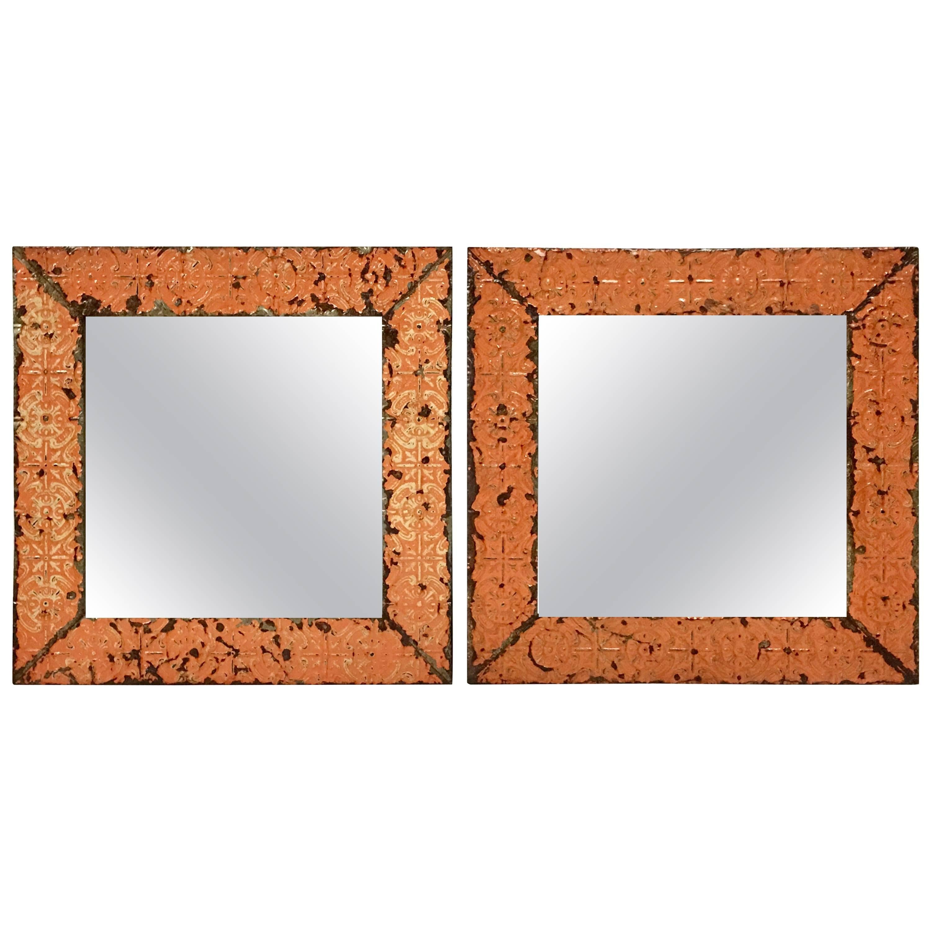 A Pair Of Antique Copper Ceiling Tile Framed Mirrors-New York City For Sale