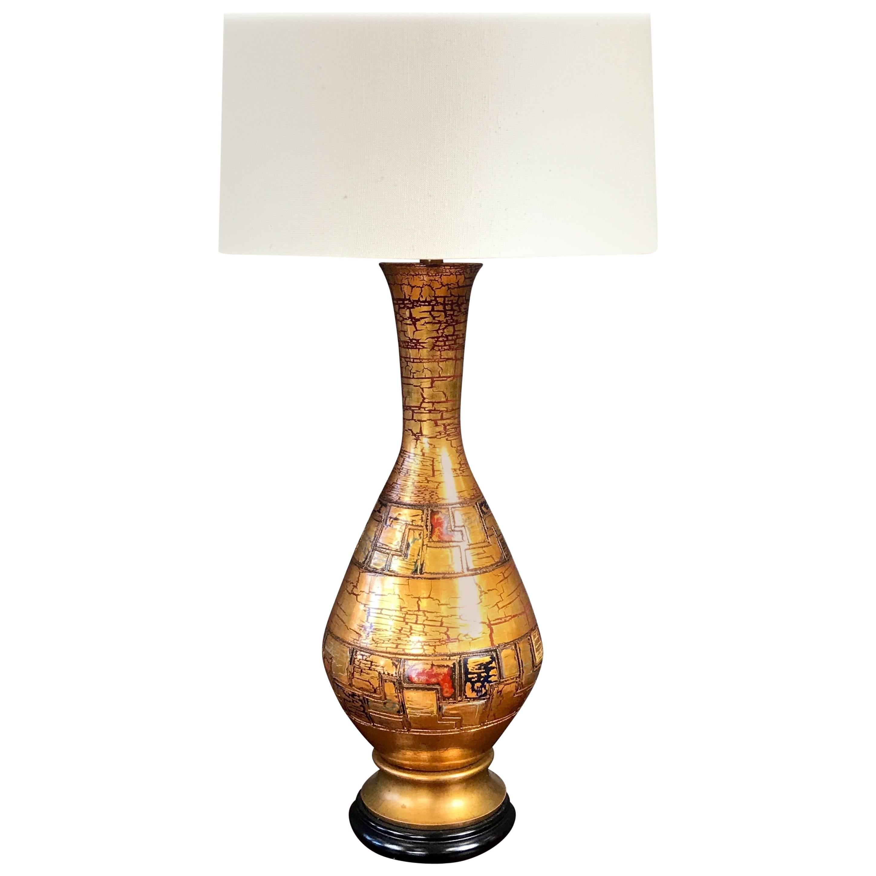 Monumental Marbro Ceramic Table Lamp with Gold Crackle Glaze