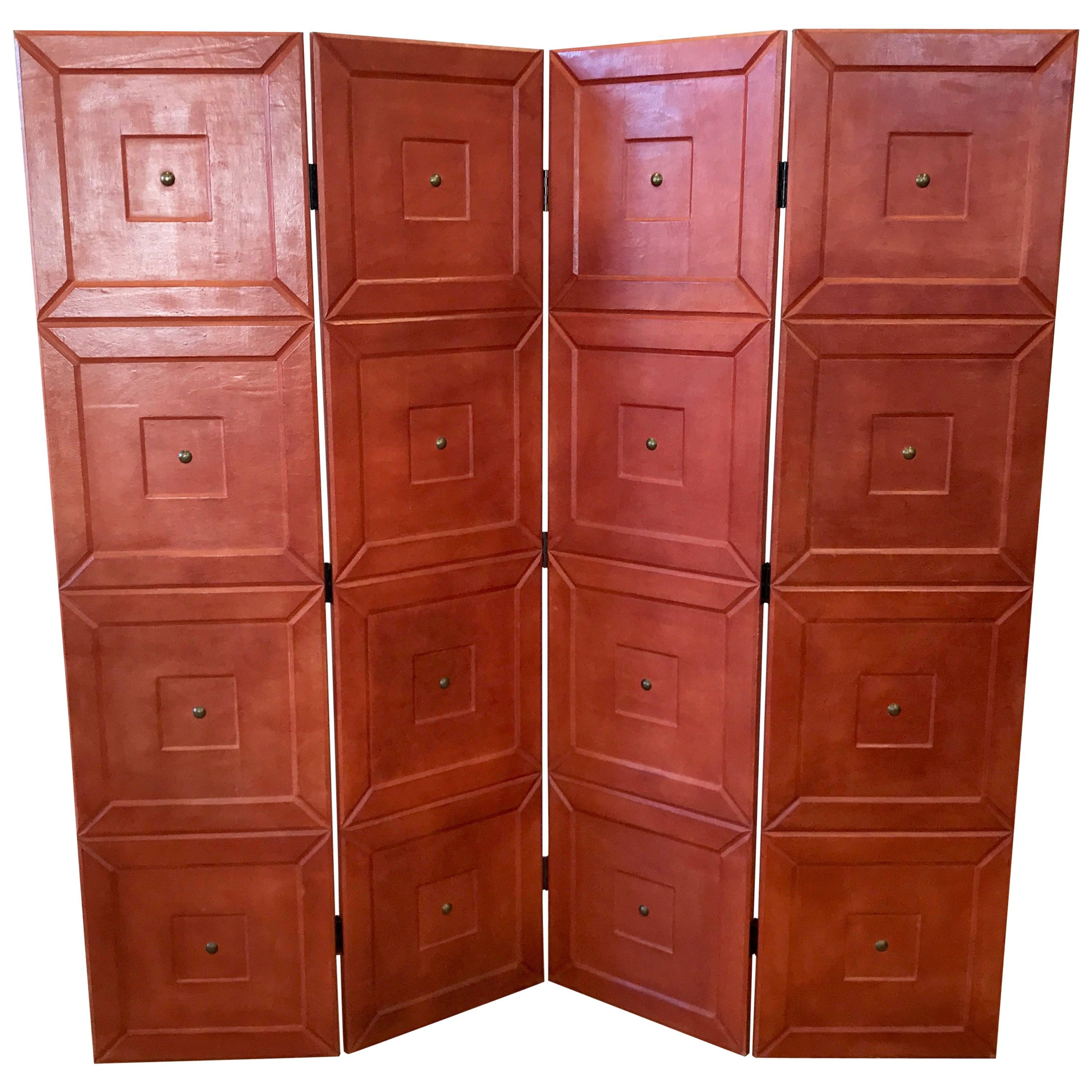 Maitland-Smith Leather-Clad Four-Panel Folding Screen
