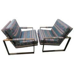 Handsome Pair of Milo Baughman Bronze Frame Cube Chairs, Mid-Century Modern