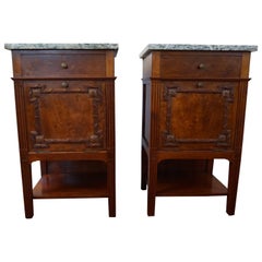 Antique Mahogany Bedside Cabinets w. Hand Carved Elements and Green Marble Tops